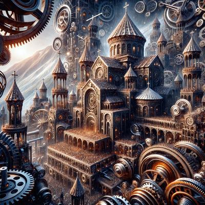 Primary subject: A large, intricate, and ornate castle with a clock tower.

Setting/background: The castle is set in a mountainous landscape, with a mountain visible in the background.

Visual style: The image is a digital art illustration, featuring a detailed and elaborate design.

Colors and mood: The colors in the image are predominantly dark, with a focus on the intricate details of the castle and the mountainous backdrop. The overall atmosphere is one of grandeur and fant